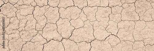 Texture of very dry and cracked earth. Drought or lack of water concept. Long banner with copy space