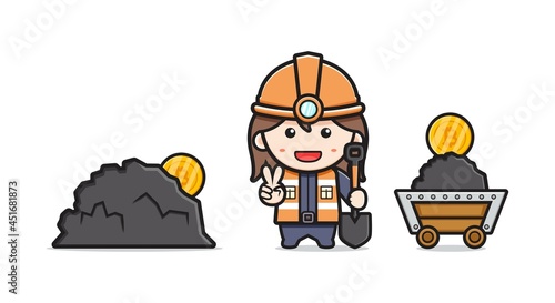 Cute miner mine bitcoin icon illustration