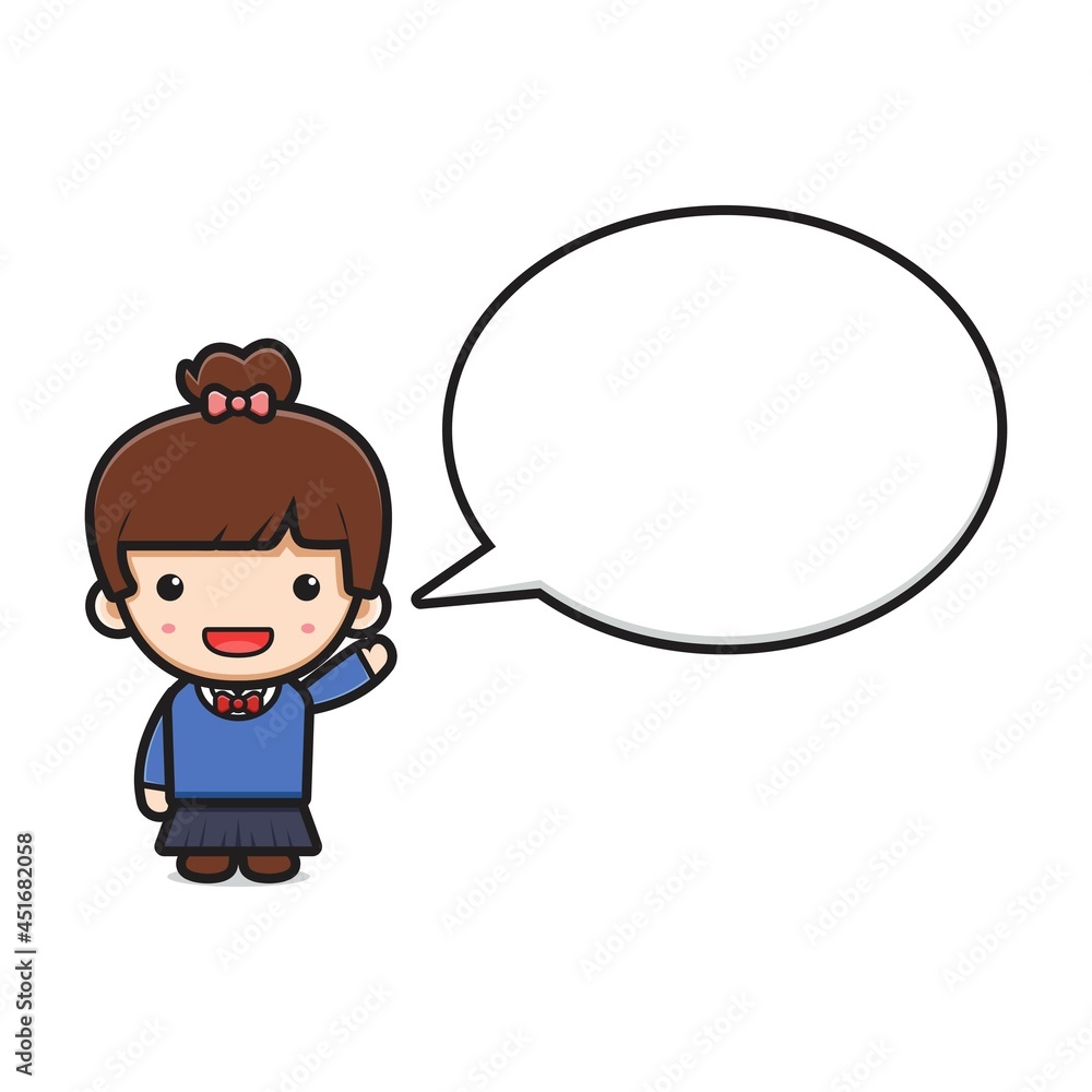 Cute girl student with bubble text cartoon icon vector illustration