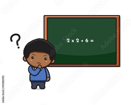 Cute boy student confused doing math cartoon icon vector illustration