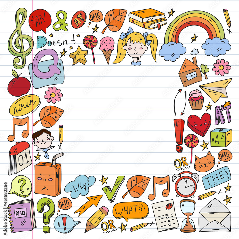 Back to school. Vector illustration with icons about education. English learning. Online internet courses.