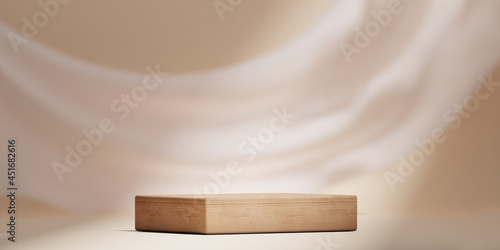 Fototapeta Naklejka Na Ścianę i Meble -  3D background, wood podium display . Natural nude, beige banner backdrop with shadow. Product promotion Beauty cosmetic, nature wooden stand. Studio empty Minimal 3D render 