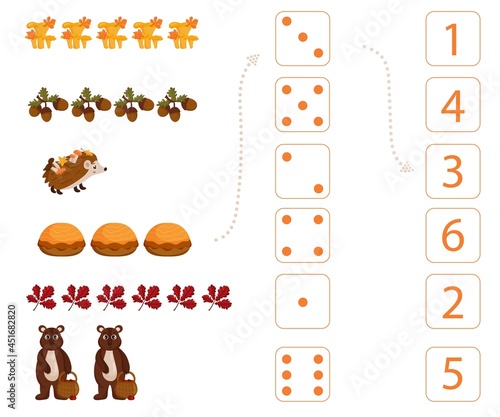 Worksheet for teaching mathematics and numeracy on the topic of autumn. For preschool children and kindergarten children who study numbers and counting. Vector illustration