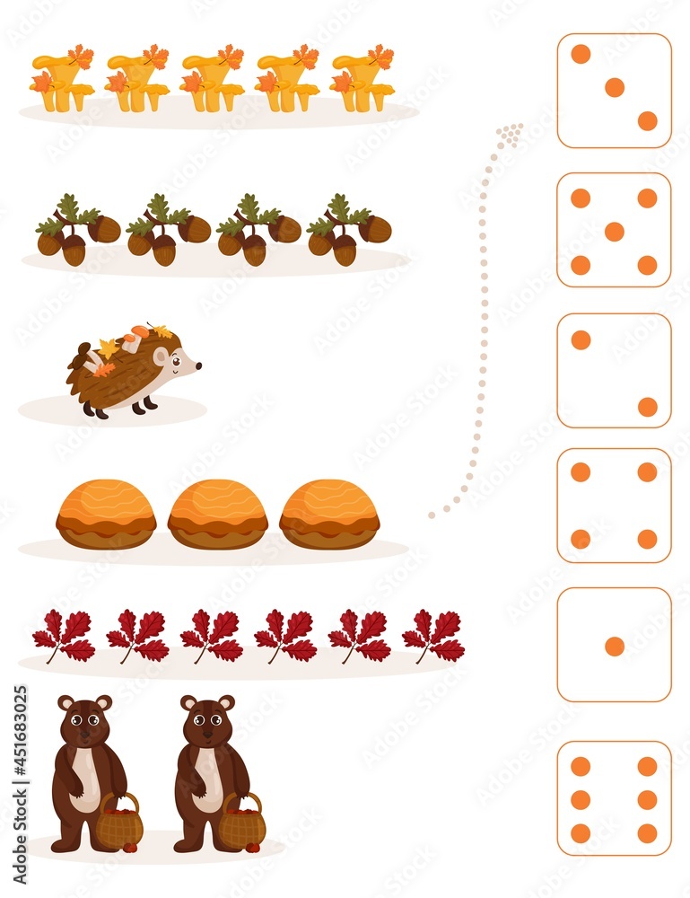 Fototapeta premium Worksheet for teaching mathematics and numeracy on the topic of autumn. For preschool children and kindergarten children who study numbers and counting. Vector illustration