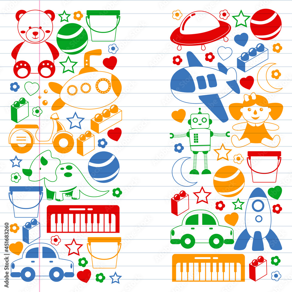 Fototapeta premium Vector pattern with the collection of toys. Doll, submarine, plane, ship. Children and kindergarten illustration.