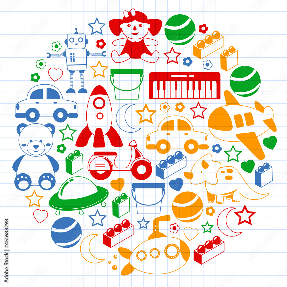 Vector pattern with the collection of toys. Doll, submarine, plane, ship. Children and kindergarten illustration. Vector pattern with the collection of toys. Doll, submarine, plane, ship. Children and kindergarten illustration.