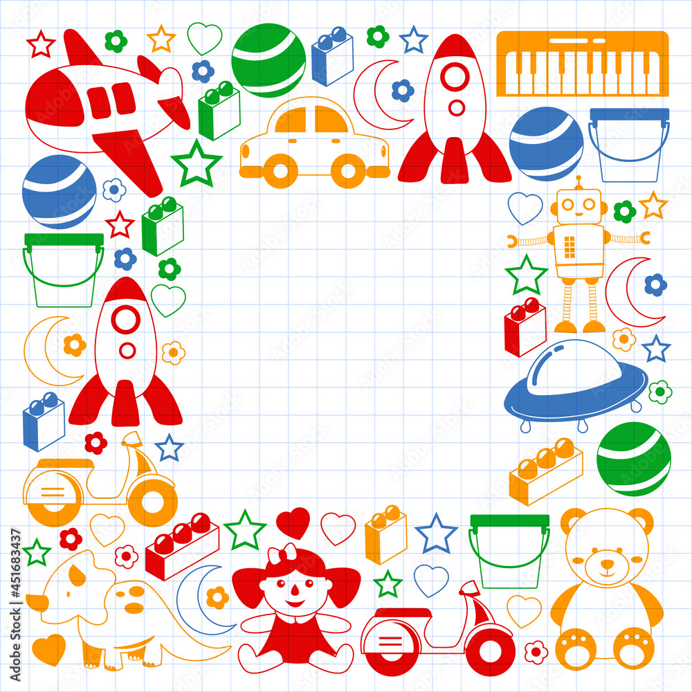 Fototapeta premium Vector pattern with the collection of toys. Doll, submarine, plane, ship. Children and kindergarten illustration.