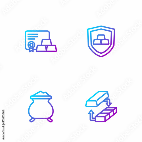 Set line Gold exchange money, Molten gold being poured, bars with certificate and shield. Gradient color icons. Vector