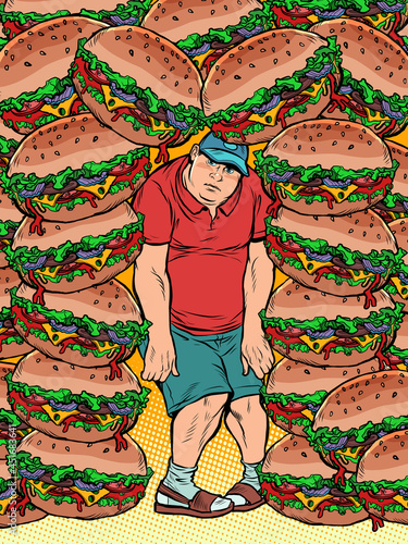 Fat man and lots of burgers. Food addiction, health and excess weight