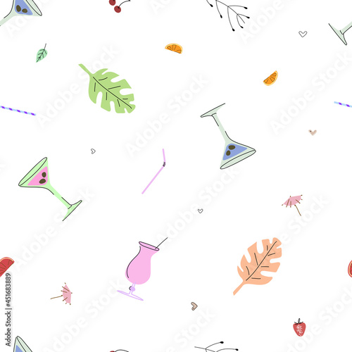 Seamless vector pattern with glasses, tropical leaves in a cute doodle style. For wrapping paper, background for a bar, a bachelorette party, an alcoholic party