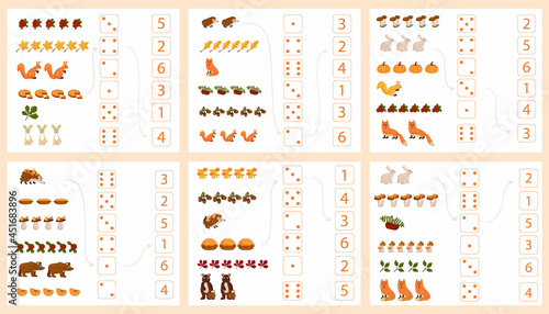 Worksheet for teaching mathematics and numeracy on the topic of autumn. For preschool children and kindergarten children who study numbers and counting. Vector illustration