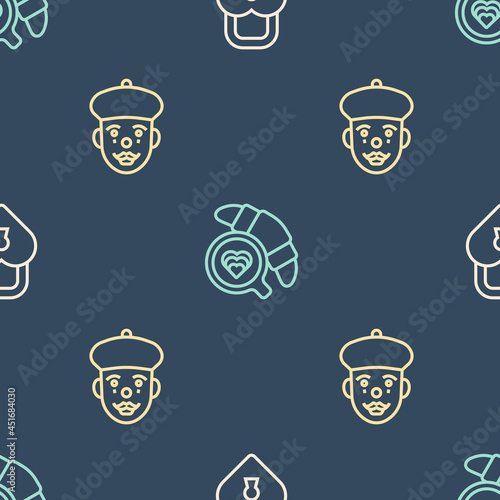Set line Castle in the shape of heart, French mime and Coffee cup with croissant on seamless pattern. Vector