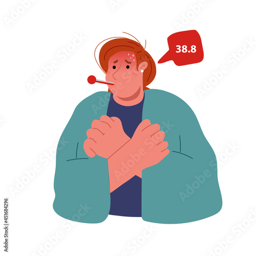The girl has a cold, holds the thermometer in his mouth,high temperature,stay home.Vector flat illustration.
