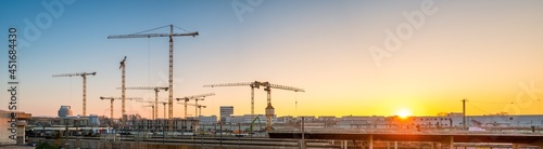 Construction site panorama at sunset