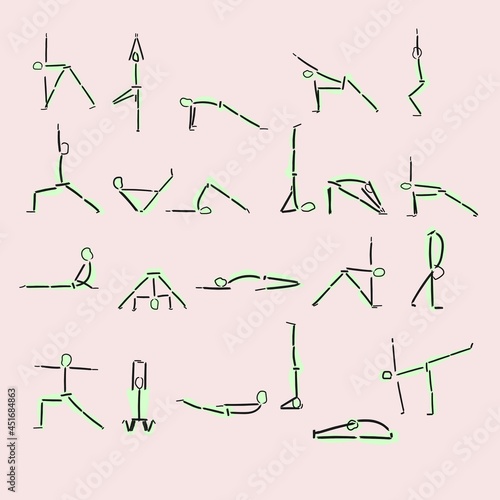 Set of yoga positions black vector silhouettes with green spots. Silhouette of yoga poses  asanas  on a pink background