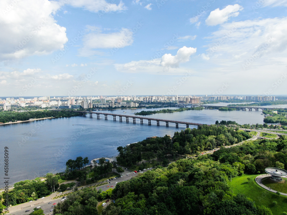 Dnieper river in Kiev in summer. Aerial drone view. Dnieper river in Kiev in summer. Aerial drone view.