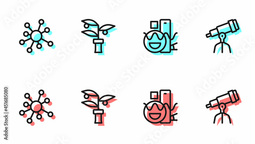 Set line Basic geometric shapes, Molecule, Plant breeding and Telescope icon. Vector