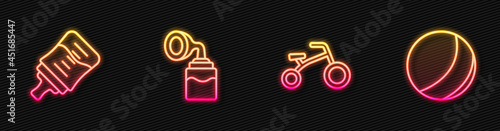 Set line Bicycle for kids, Baby bottle, Breast pump and Beach ball. Glowing neon icon. Vector