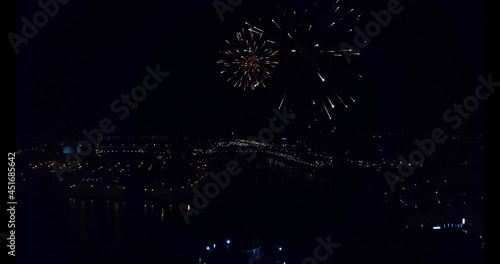 night fireworks shooting from a drone in the center of Yoshkar Ola on the Kokshaga River photo
