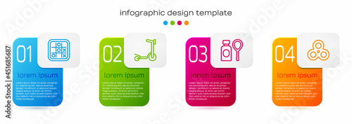 Set line Tic tac toe game, Roller scooter, Soap bubbles bottle and Fidget spinner. Business infographic template. Vector