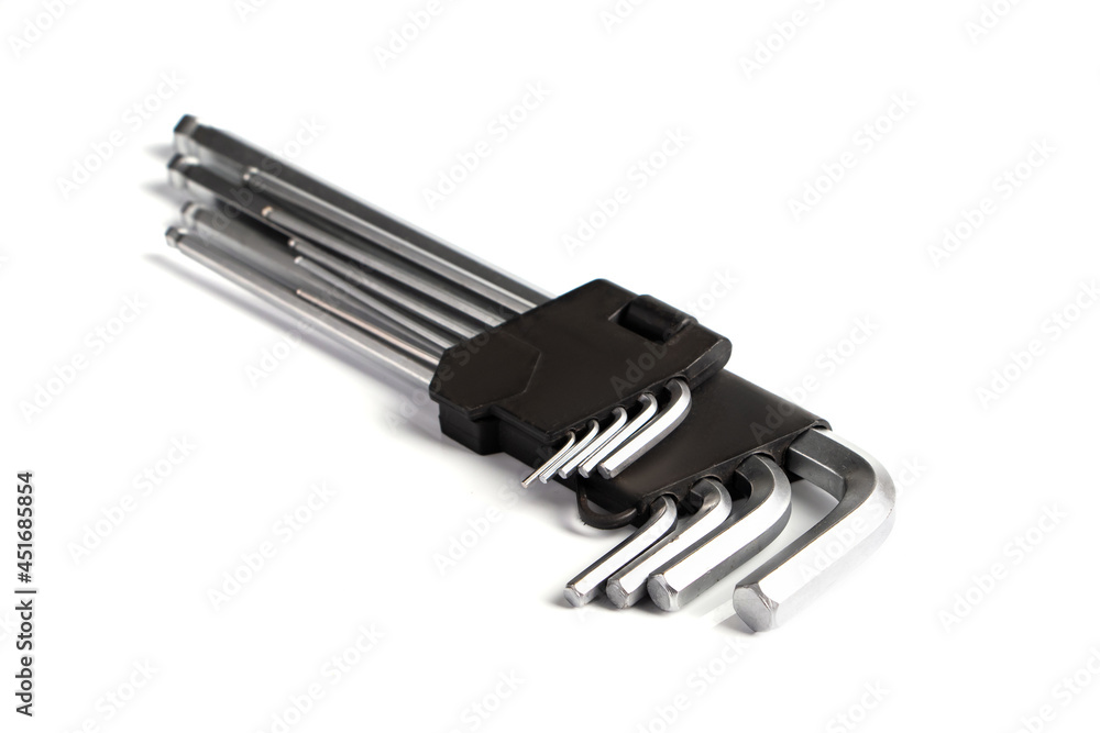 Hex keys set isolated on white background. Work tools for repair. Hex keys set isolated on white background. Work tools for repair.