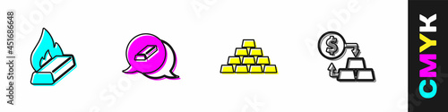 Set Molten gold being poured, Gold bars, and exchange money icon. Vector