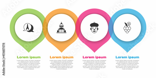 Set Eiffel tower, Museum building, French mime and Grape fruit. Business infographic template. Vector