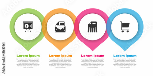 Set Board with graph, Mail and e-mail, Paper shredder and Shopping cart. Business infographic template. Vector