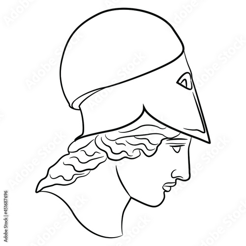 Head of ancient Greek goddess Athena Pallas or Minerva wearing helmet. Black and white linear silhouette.