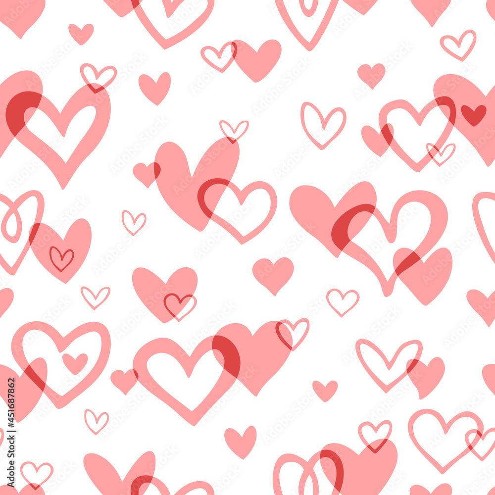 Vector seamless pattern with hand drawn hearts with overlap effect. Cute design for fabric, wrapping, wallpaper for Valentine's Day.