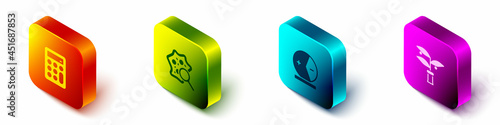 Set Isometric Calculator, Microorganisms under magnifier, Atom and Plant breeding icon. Vector