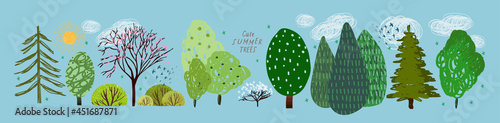 cute summer trees, vector isolated illustration of trees, leaves, fir trees, shrubs, sun, snow and clouds, elements of nature to create a landscape