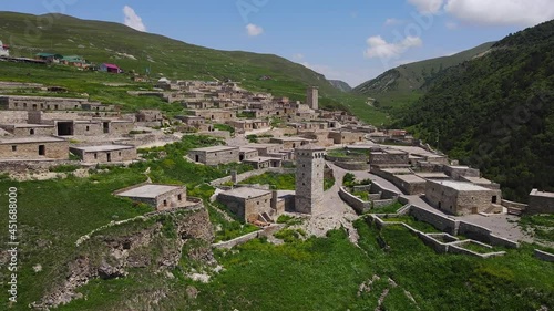 Restored Medieval Village of Khoy in Chechen Republic, Russia. Aerial View photo