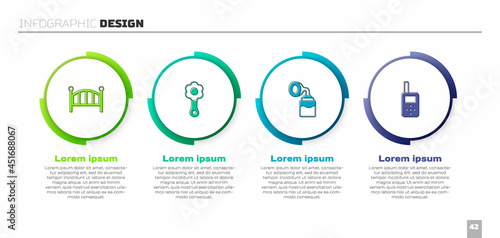Set Baby crib cradle bed, Rattle baby toy, Breast pump and monitor walkie talkie. Business infographic template. Vector