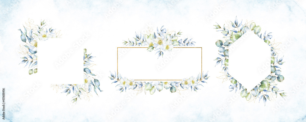 Set of three delicate watercolor frames, square, diamond and border, with hand painted eucalyptus branches and leaves and rose hip flowers, for wedding cards and invitations