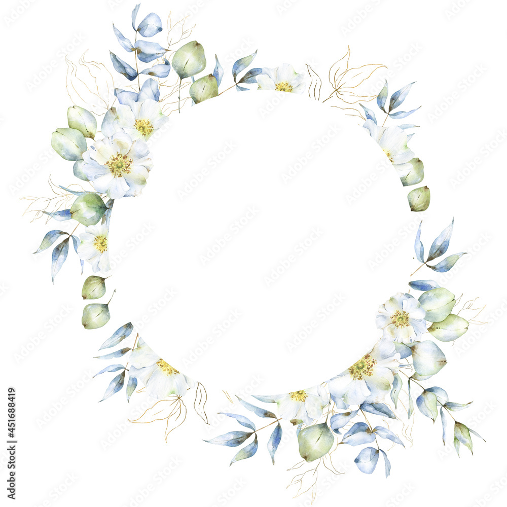 Round frame isolated on white background with watercolor eucalyptus branches, leaves and rose hip flowers Round frame isolated on white background with watercolor eucalyptus branches, leaves and rose hip flowers