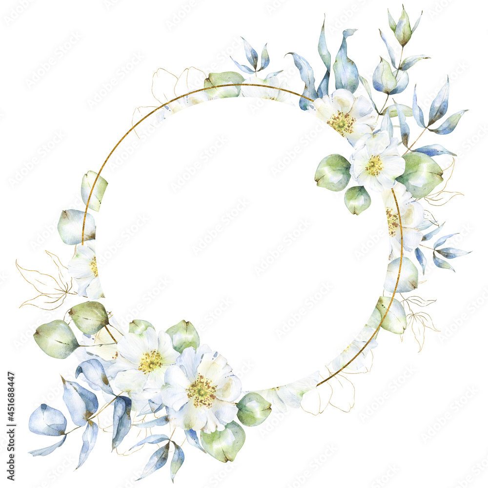 Round floral arrangement with watercolor and golden eucalyptus branches, leave and rose hip flowers, wedding frame, for cards, invitations