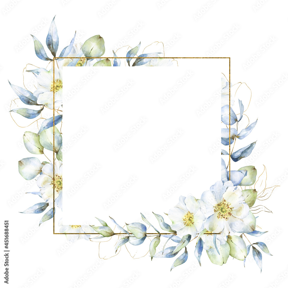 White and golden square frame with watercolor floral arrangement of eucalyptus leaves and branches, rose hip flowers and golden florals