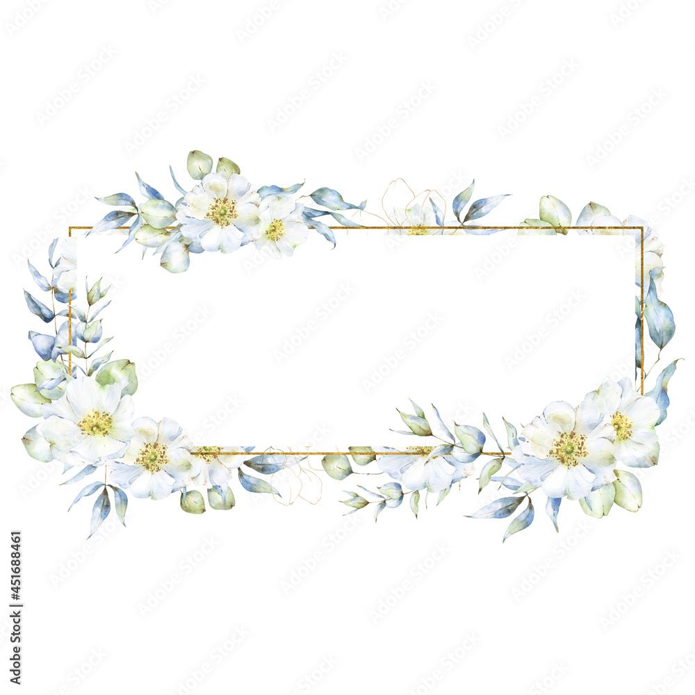 White and golden watercolor floral border with eucalyptus plant clipart and rose hip flowers, for wedding invitations, birthday cards, scrapbooking