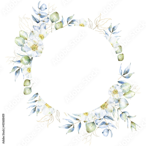 Round frame isolated on white background with watercolor eucalyptus branches, leaves and rose hip flowers