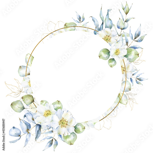 Fototapeta Naklejka Na Ścianę i Meble -  Round floral arrangement with watercolor and golden eucalyptus branches, leave and rose hip flowers, wedding frame, for cards, invitations