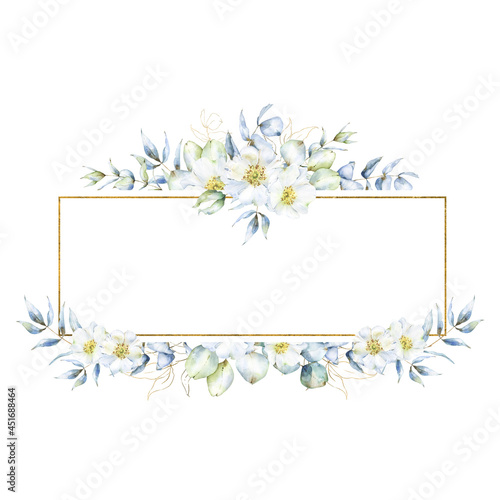 Floral rectangular watercolor and golden border frame with eucalyptus branches and leaves, decorated with small rose hip flowers