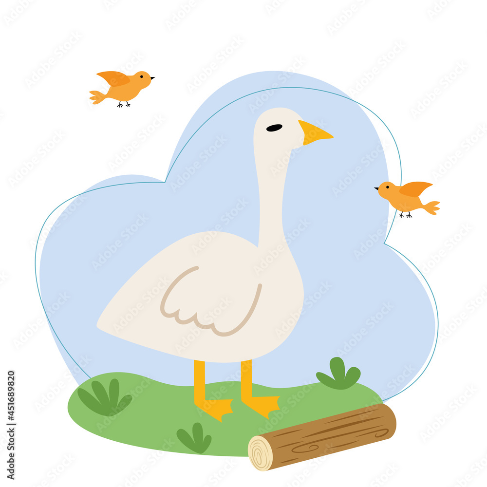 Vector illustration with a goose on a background of sky and grass in flat style. Vector illustration with a goose on a background of sky and grass in flat style.