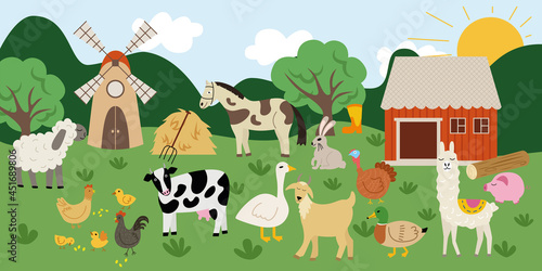 Llama, ram, sheep, cow, pig, horse, goat, duck, hare, rabbit, chicken, chickens, rooster, goose in a village on a farm with a mill, pitchfork, house, haystack, tree