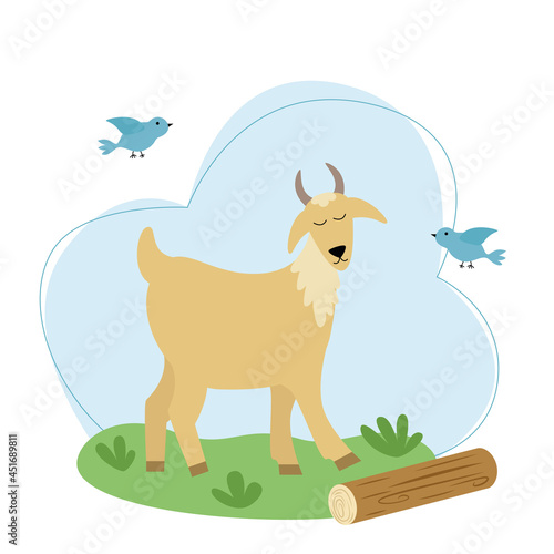 Vector illustration with a goat on a background of sky and grass in flat style.