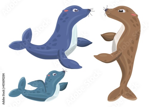 Cartoon Seal Family. Seals On White Background. Baby Seal. Adult Seal. Brown Seal