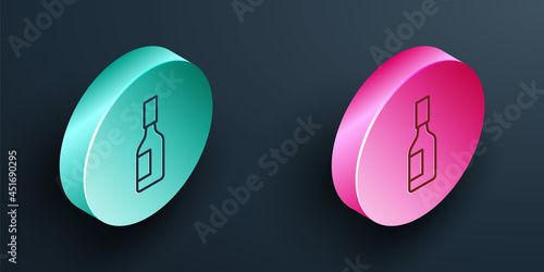Isometric line Tabasco sauce icon isolated on black background. Chili cayenne spicy pepper sauce. Turquoise and pink circle button. Vector