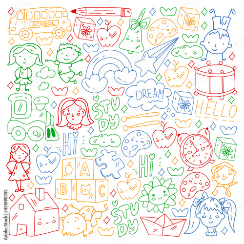 Vector pattern. School and online education. Little boys and girls play and grow together.