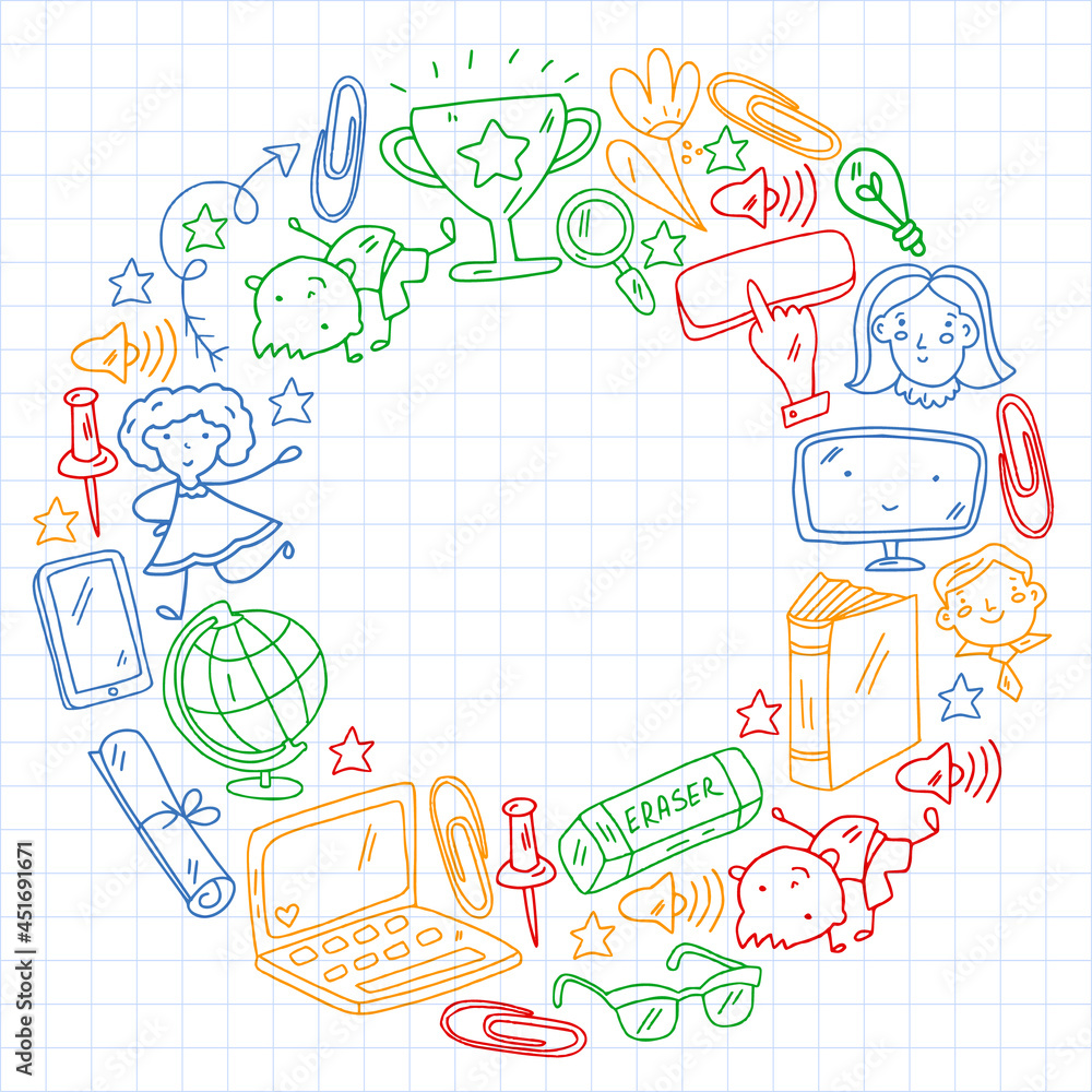Vector pattern. School and online education. Little boys and girls play and grow together. Online education. Vector pattern. School and online education. Little boys and girls play and grow together. Online education.