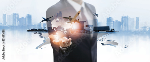 Obraz na płótnie The world logistics , there are world map with logistic network distribution on background and Logistics Industrial Container Cargo freight ship for Concept of fast or instant shipping w salonie